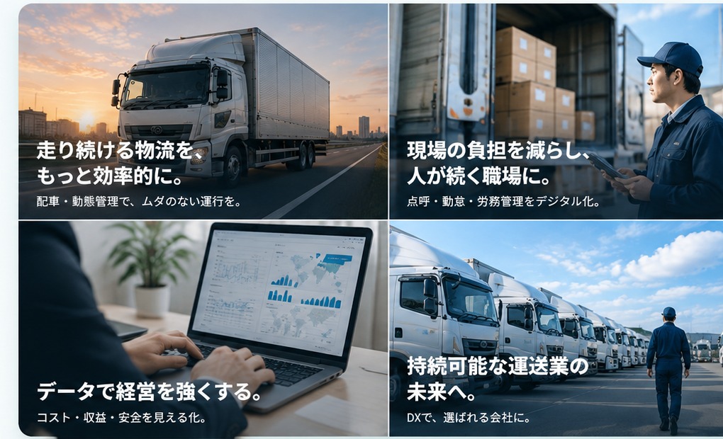 運行、現場業務、データ活用、車両管理という運送会社の4つのDXシーン
